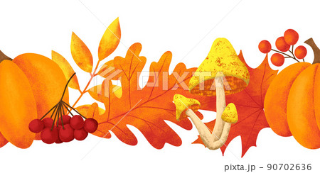 Hand drawn fall autumn seamless horizntal border with mushrooms forest wood grass leaves. Woodland frame in red orange yellow. Decorative ornament illustration. 90702636