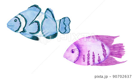 Watercolor illustration of tropical fish in blue turquoise purple colors, ocean sea underwater wildlife animals. Nautical summer beach design, coral reef life nature. 90702637