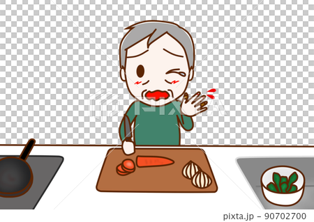 (前)一位老人因切菜、割傷手指、流血和疼痛而哭泣。 (前)一位老人因切菜、割傷手指、流血和疼痛而哭泣。 90702700