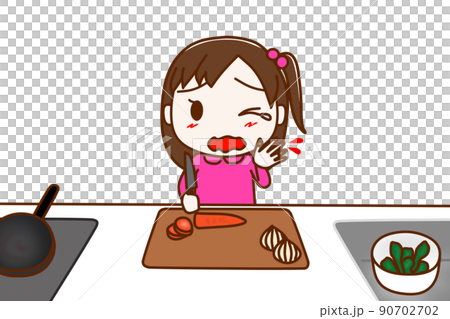 (前)一個女孩因為切菜、割傷手指、流血和受傷而哭泣。 (前)一個女孩因為切菜、割傷手指、流血和受傷而哭泣。 90702702