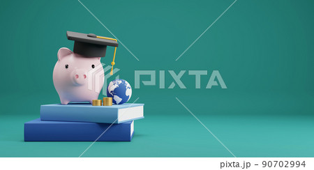 Investment education and scholarships concept design of piggy bank with graduation hat on book 3D render 90702994