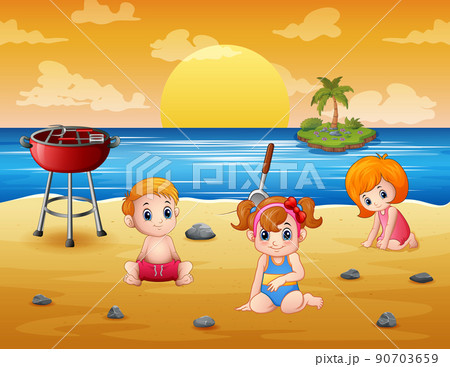Vector illustration of Children playing at the beach  90703659