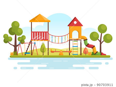 Children Playground with Swings, Slide, Climbing Ladders and More in the Amusement Park for Little Ones to Play in Flat Cartoon Illustration 90703911