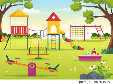 Children Playground with Swings, Slide, Climbing Ladders and More in the Amusement Park for Little Ones to Play in Flat Cartoon Illustration 90703919