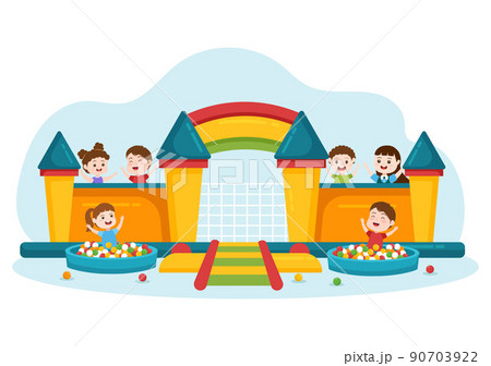 Children Playground with Swings, Slide, Climbing Ladders and More in the Amusement Park for Little Ones to Play in Flat Cartoon Illustration 90703922
