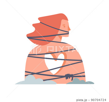 A woman without a heart is tied with ropes. The concept of depression, psychological trauma, domestic violence, loneliness, teenage crisis. Flat vector cartoon icon isolated on white. 90704724