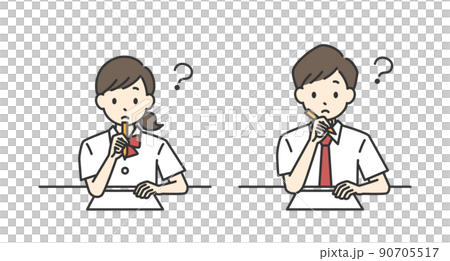 勉強している男子学生と女子学生の考えているポーズのイラスト(夏服) 勉強している男子学生と女子学生の考えているポーズのイラスト(夏服) 90705517