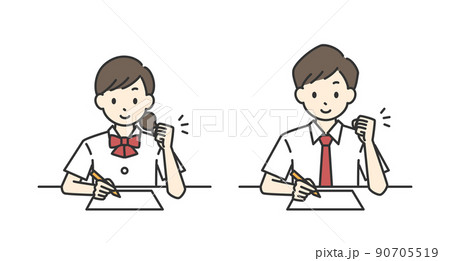 勉強している男子学生と女子学生のガッツポーズのイラスト（夏服） 90705519