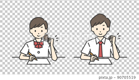 勉強している男子学生と女子学生のガッツポーズのイラスト（夏服） 90705519