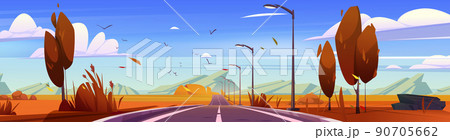 Autumn landscape with car road, street lights 90705662