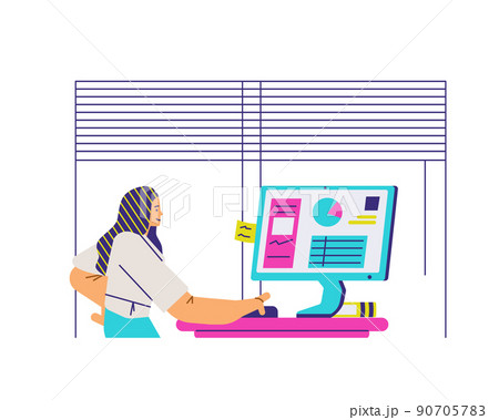 Woman surfing the internet standing behind computer, flat vector isolated. 90705783