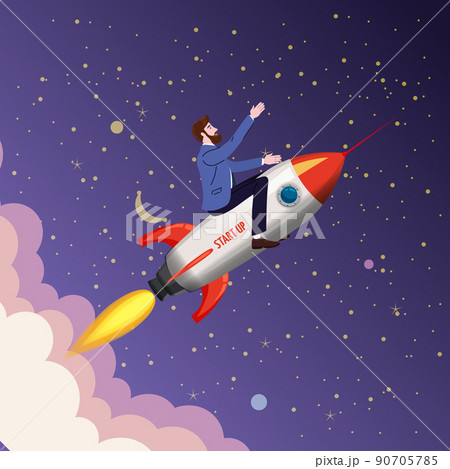 Businessman on a rocket fly through sky. Start up, goal achievement metaphors. Space stars background. Vector illustration 90705785