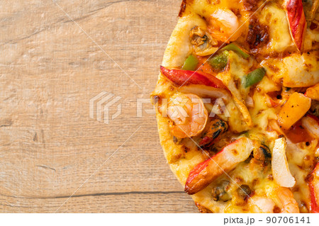 seafood pizza on wood tray 90706141