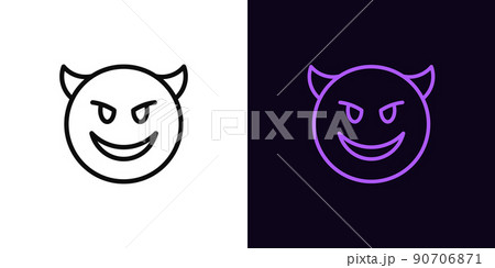 Outline devil emoji icon, with editable stroke. Evil emoticon with horns and smile, demon face pictogram. Mockery emoji 90706871