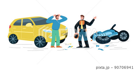 Angry men arguing over car accident with motorbike, flat vector illustration isolated on white background. 90706941