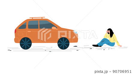 Car hit pedestrian woman, car accident concept, flat vector illustration isolated on white background. 90706951