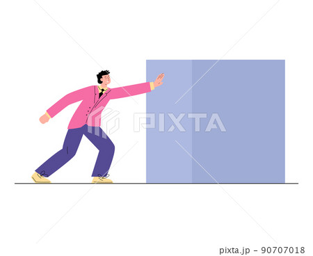 Businessman pushing stone boulder with effort, flat vector illustration isolated. Businessman pushing stone boulder with effort, flat vector illustration isolated. 90707018
