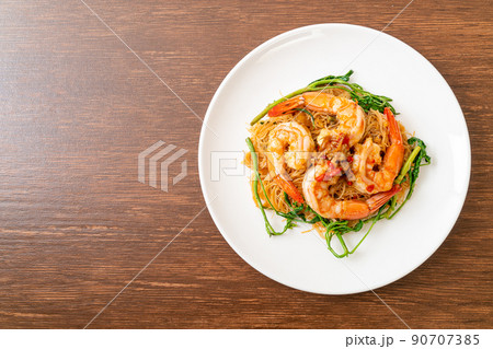 Stir-fried rice vermicelli and water mimosa with shrimps Stir-fried rice vermicelli and water mimosa with shrimps 90707385