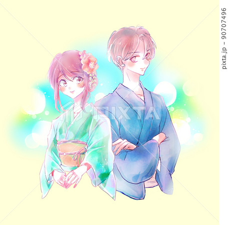 浴衣デートのカップルのイラスト素材