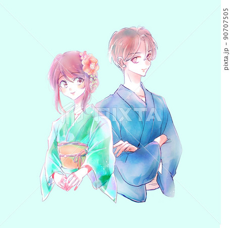 浴衣デートのカップルのイラスト素材