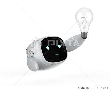 Cute assistant artificial intelligence robot no leg with idea light bulb Cute assistant artificial intelligence robot no leg with idea light bulb 90707563