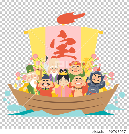 Illustration of the Seven Lucky Gods riding a treasure ship 90708057