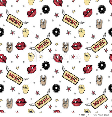 Vector hand drawn seamless pattern. Punk rock attributes, skulls, stars, vinyls, guitars, zombie. 90708408