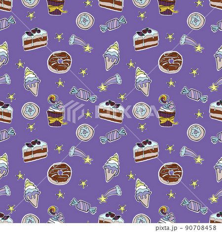 Vector food seamless pattern with cupcakes, candies, donuts. Hand drawn illustration. 90708458