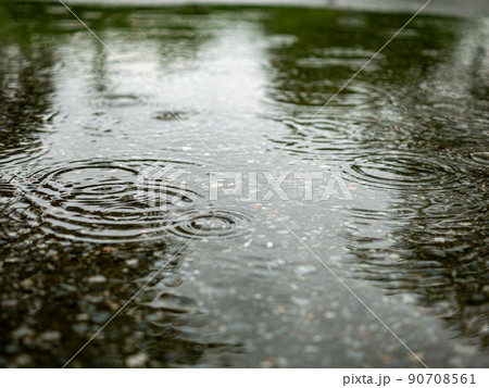 梅雨時期の水たまりにできる波紋 90708561