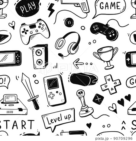 doodle games game art with gaming tools hardware and black and white color  vector illustration Stock Photo - Alamy