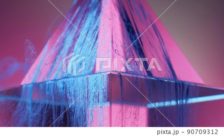 Neon cyberpunk background. Ink water drip. Futuristic waterfall. Fluorescent blue color glitter fluid cascade on pink glowing transparent glass pyramid geometric abstract design. Neon cyberpunk background. Ink water drip. Futuristic waterfall. Fluorescent blue color glitter fluid cascade on pink glowing transparent glass pyramid geometric abstract design. 90709312