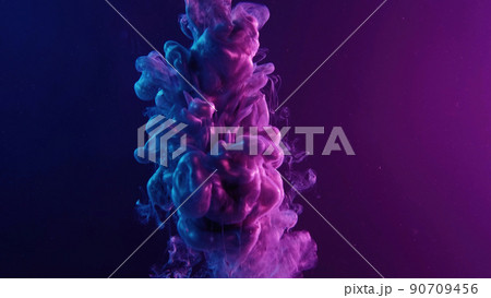 Ink water shot. Neon smoke cloud. Cyberpunk explosion. Fluorescent pearl blue purple color light fluid drop swirl on bright gradient abstract art copy space background. Ink water shot. Neon smoke cloud. Cyberpunk explosion. Fluorescent pearl blue purple color light fluid drop swirl on bright gradient abstract art copy space background. 90709456