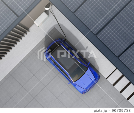 ソーラーパネル付きのスマートホームに充電している青色の電動SUVのイメージ。 ソーラーパネル付きのスマートホームに充電している青色の電動SUVのイメージ。 90709758