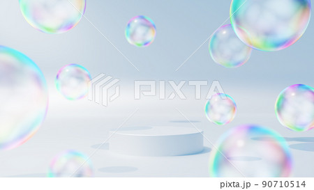 白い背景にシャボン玉が複数ある空間。白い円柱の台座。 白い背景にシャボン玉が複数ある空間。白い円柱の台座。 90710514