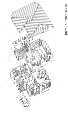 2階建て住宅の構造パース 線画カンプ 2階建て住宅の構造パース 線画カンプ 90710550