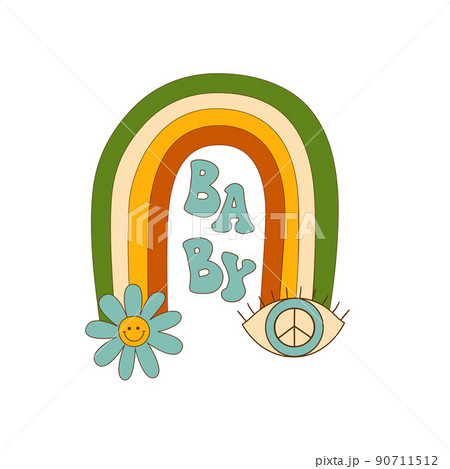 Groovy Baby Retro groovy rainbow with flower, eye, hippie peace isolated element. Retro 70s vector design. Baby shower decorative illustration. Seventies hippie symbol. Vintage retro symbol. Groovy Baby Retro groovy rainbow with flower, eye, hippie peace isolated element. Retro 70s vector design. Baby shower decorative illustration. Seventies hippie symbol. Vintage retro symbol. 90711512