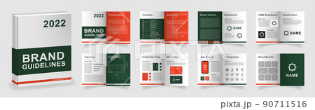 Dark Green Brand Guidelines template. Brand Manual presentation in A4 size. Green Logo Guideline mockup. Logo Guide Book layout 90711516
