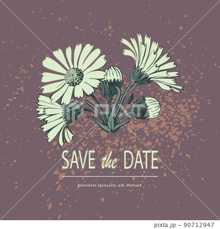 Attractively arranged bunch of flowers.Drawn white Chrysanthemum flowers artistic vector illustration. Floral botanical wedding ornament trendy pattern design with watercolor spray on brown background 90712947