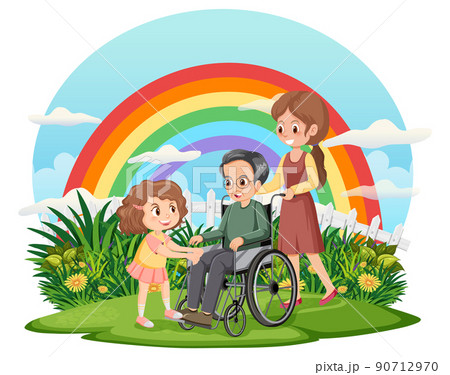 Old man in wheelchair with his daughters Old man in wheelchair with his daughters 90712970