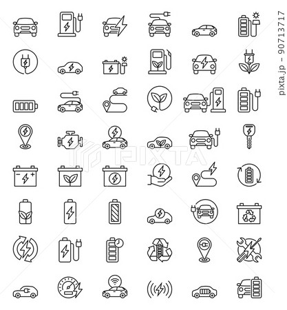 Electric cars hybrid battery line icons. Electric cars hybrid battery line icons. 90713717