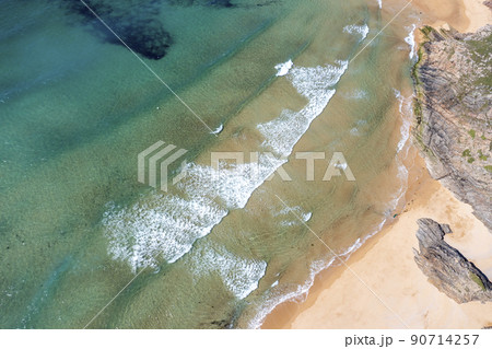 Aerial view of the Murder Hole beach, officially called Boyeeghether Bay in County Donegal, Ireland 90714257