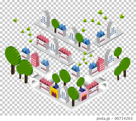 以等距 3D 繪製的有趣的城市景觀和生活風景。人們可以明亮地生活的建築和城市規劃。 90714263