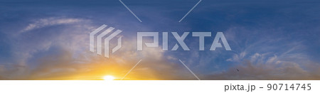 Bright sunset sky panorama with Cirrus clouds. Hdr seamless spherical equirectangular 360 panorama. Sky dome or zenith for 3D visualization, game and sky replacement for aerial drone 360 panoramas. 90714745