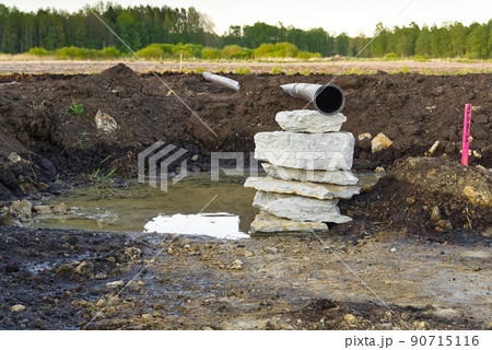 laying of water and sewage pipes in the field for new residential quarter. water supply concept. 90715116
