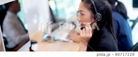 Customer service with friendly, man and woman call center and operator for support client. 90717220