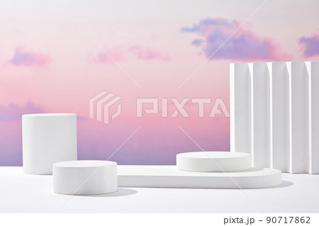 Front view of white podium and stairway with blank space in purple gradient cloudy sky background abstract content Front view of white podium and stairway with blank space in purple gradient cloudy sky background abstract content 90717862
