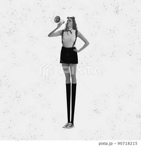 Artwork. Young beautiful charming girl retro, 70s, 80s fashion style clothes with long drawn legs isolated on white background. Concept of art, fashion, beauty, emotions Artwork. Young beautiful charming girl retro, 70s, 80s fashion style clothes with long drawn legs isolated on white background. Concept of art, fashion, beauty, emotions 90718215