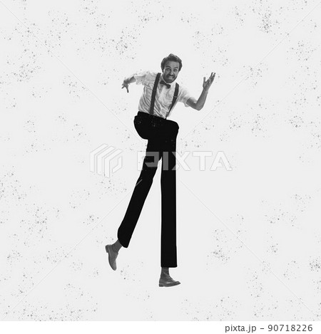 Contemporary art collage. Strange young man with long drawn legs in 60s, 70s fashion style outfit isolated on paper effect background. Fashion, art, surrealism. Contemporary art collage. Strange young man with long drawn legs in 60s, 70s fashion style outfit isolated on paper effect background. Fashion, art, surrealism. 90718226