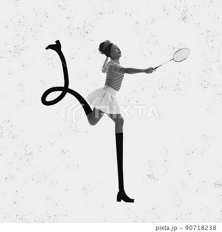 Artwork. Young beautiful girl retro, 70s, 80s fashion style clothes with long drawn legs playing badminton isolated on white background. Concept of art, fashion, beauty, emotions Artwork. Young beautiful girl retro, 70s, 80s fashion style clothes with long drawn legs playing badminton isolated on white background. Concept of art, fashion, beauty, emotions 90718238