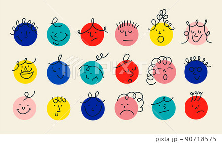 Face smile character abstract icon. Happy family cartoon doodle expression avatar people vector illustration concept. Comic fun eye and emoticon funny emoji person set. Cute crayon round art drawing 90718575